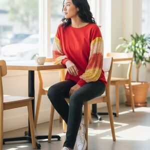 Emerald Red Blouse 1X Floral Chiffon Sleeves Pockets Vacation Summer Top